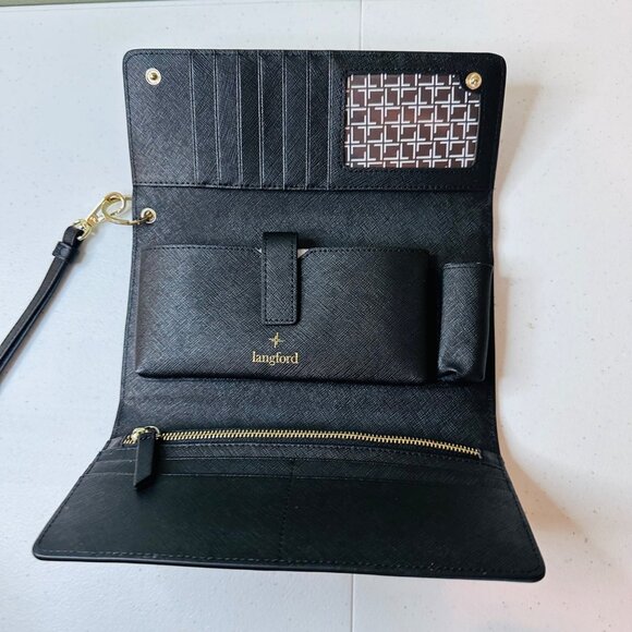 Langford Saint Jasmine Saffiano Black Wristlet Tri-fold Wallet With Gold Accents - Picture 11 of 15